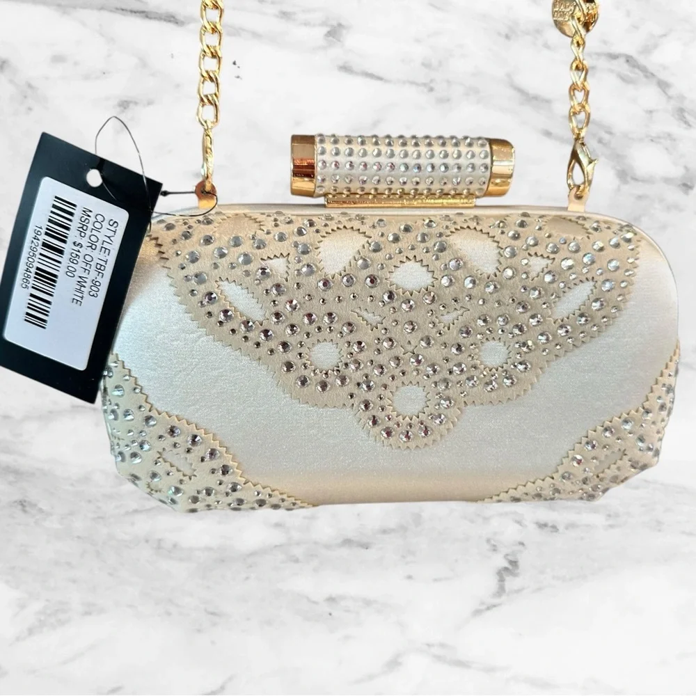 Badgley Mischka Off White Satin Rhinestone Clutch Evening Handbag Chain - Picture 12 of 16